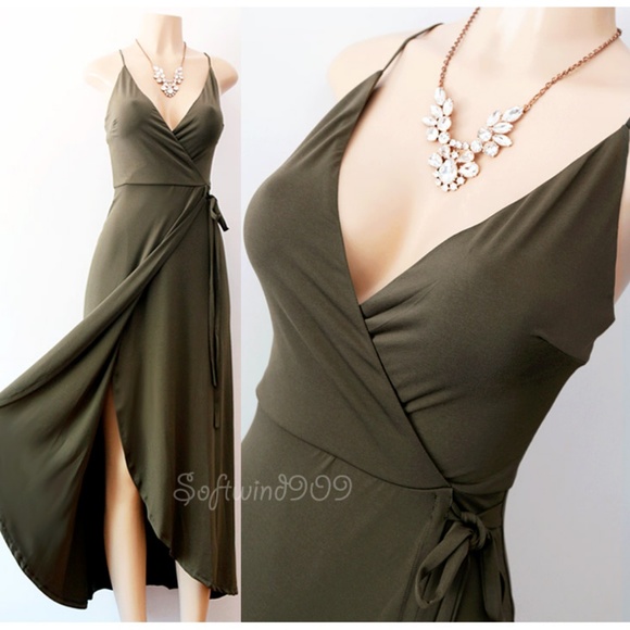 Last☝️ Olive Green Plunge Surplice Maxi Wrap Dress - Picture 2 of 8